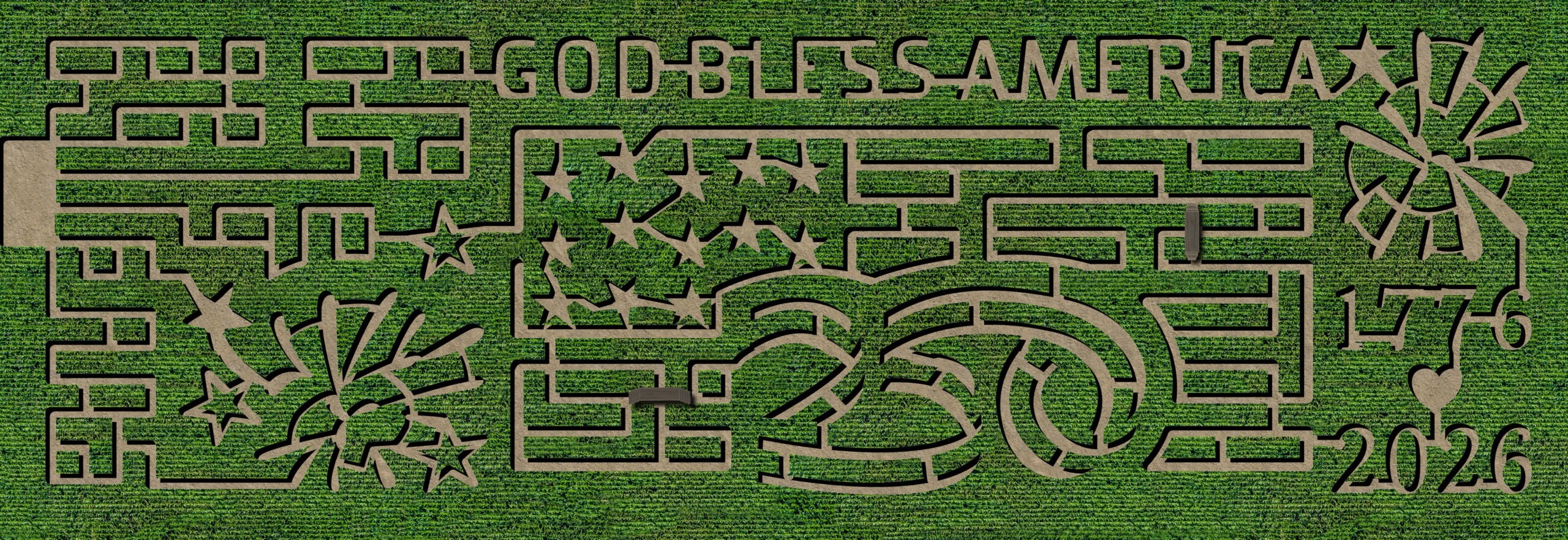 Overhead drone picture of corn maze design, featuring groundhogs and "Port Farms."